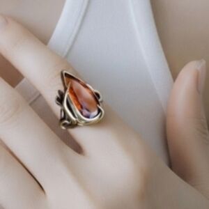 Artisan Silver Ring with Orange Crystal Stone Size 6